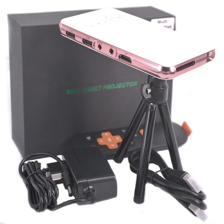 White Rose Gold M6S miniature portable DLP Android projector showing compact size and design.