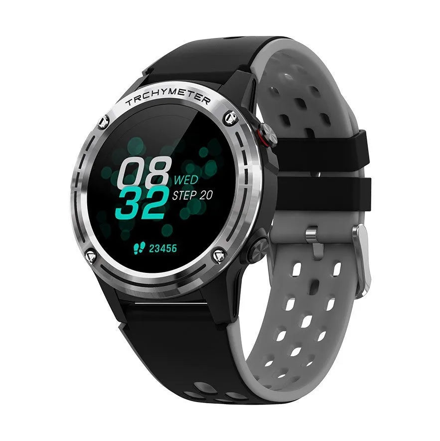 GPS smart watch with blue silicone strap showing 49mm case and display