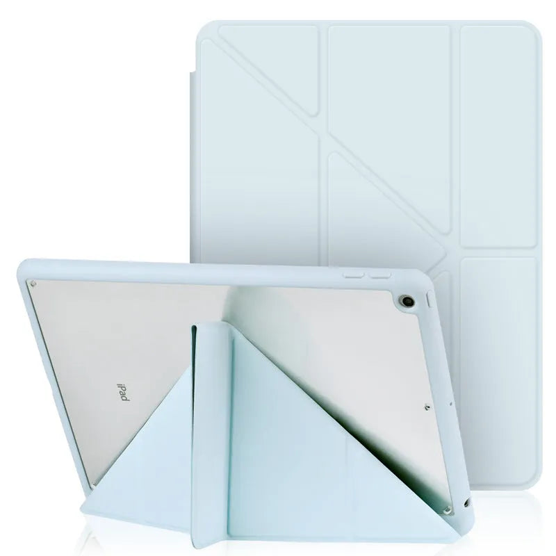 iPad foldable stand case in imitation leather with Y-fold design and Apple Pencil slot.