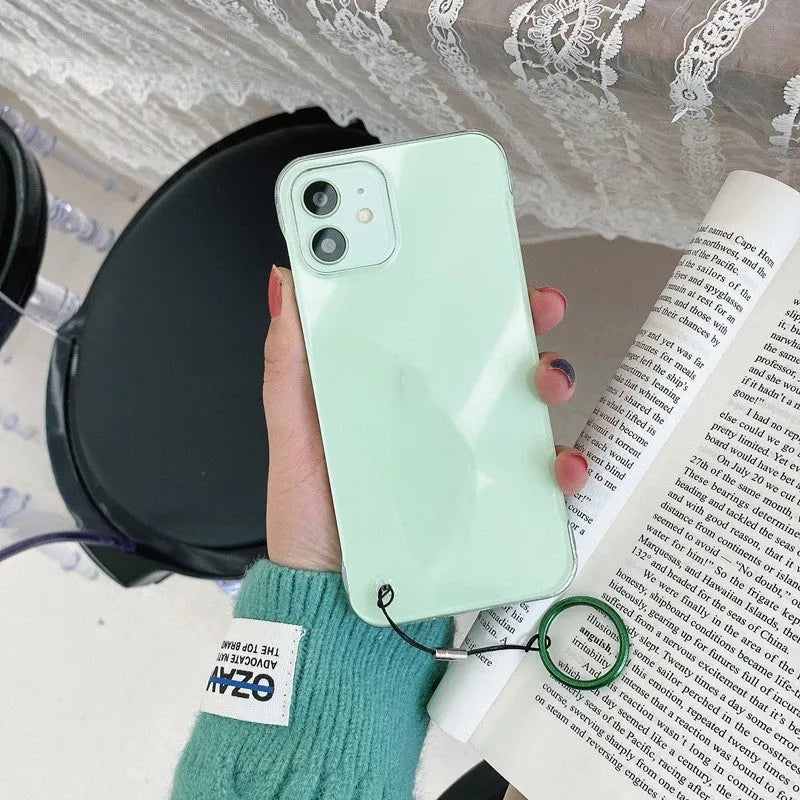 Borderless transparent anti-drop PC phone case with mirror finish and blue lanyard for Apple iPhone