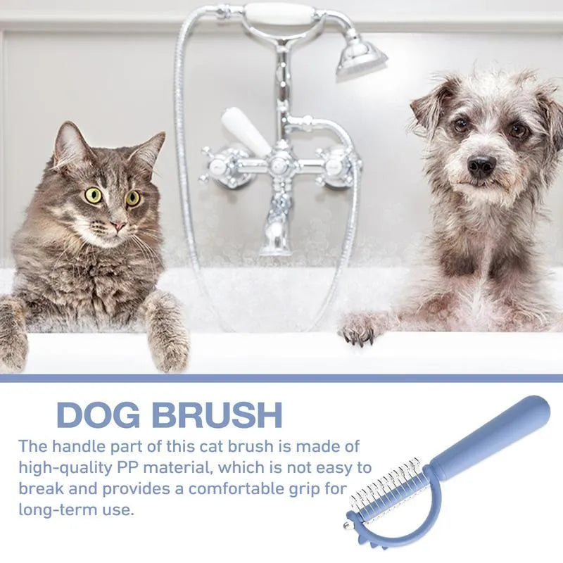 Blue dinosaur-shaped cat brush with double-sided grooming heads and self-cleaning button