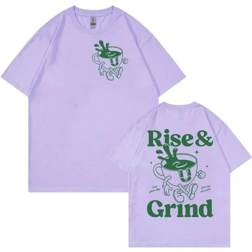 Loose fit men's cartoon t-shirt with Rise And Grind Green Coffee Fun Expression Bag graphic print.