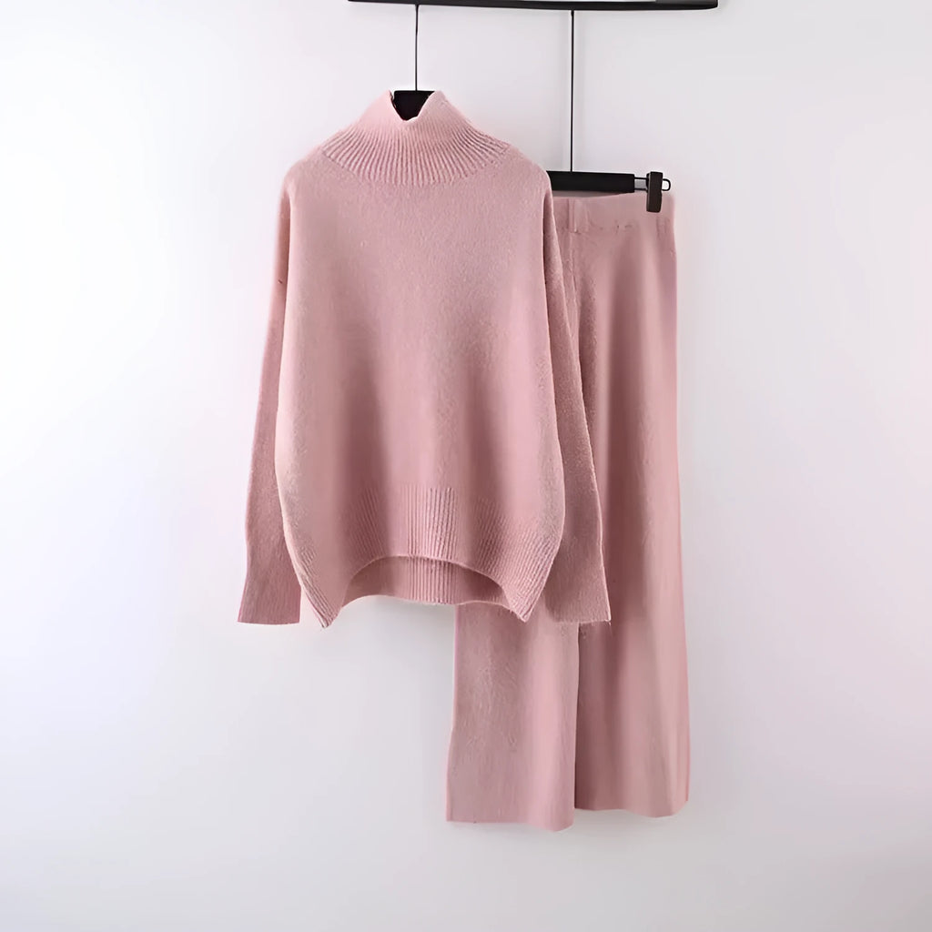 Women's acrylic fibre sweater and wide leg pants two-piece set in beige, black, grey, khaki or pink