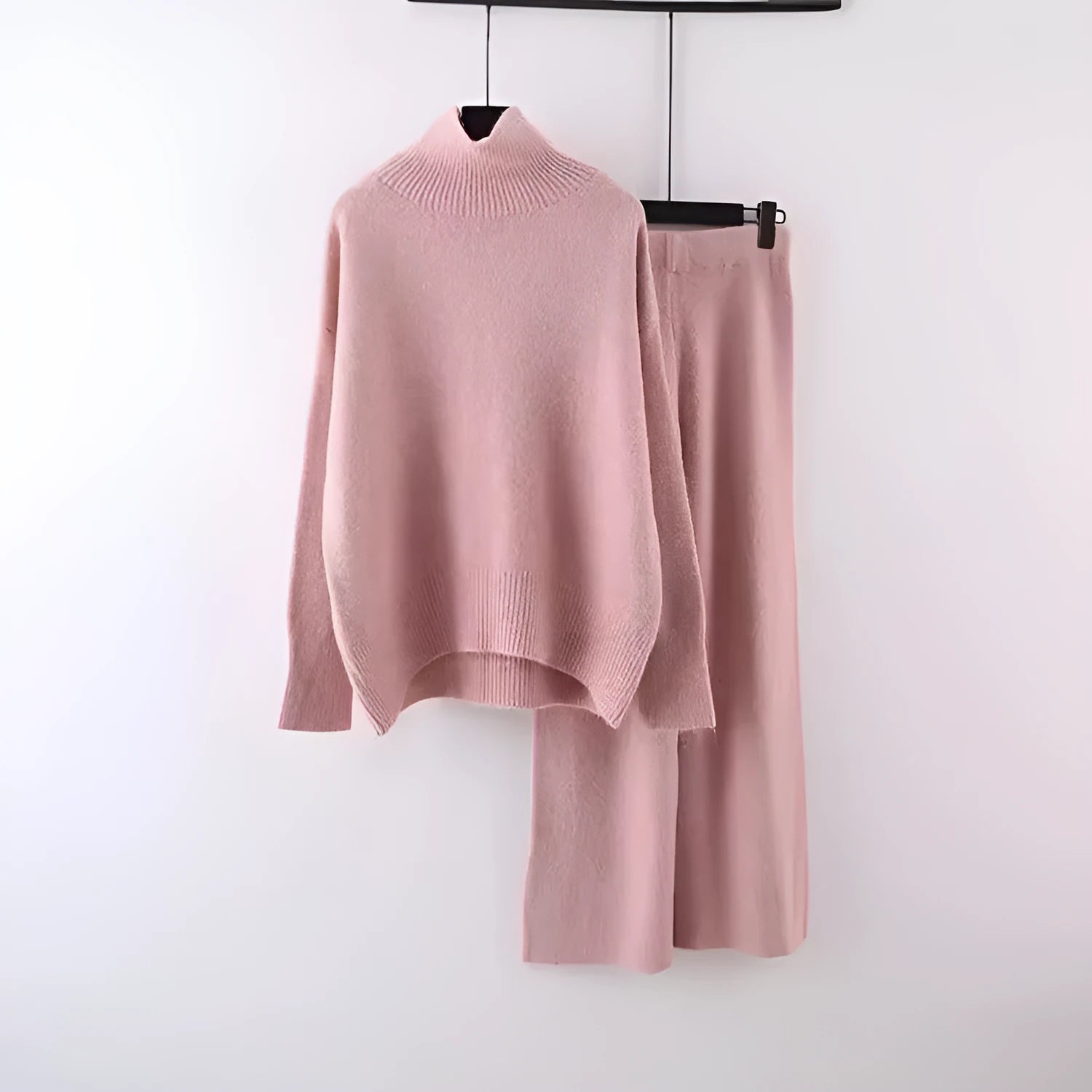 Women's acrylic fibre sweater and wide leg pants two-piece set in beige, black, grey, khaki or pink