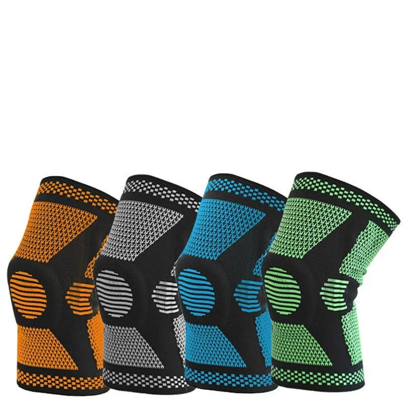 Silicone spring knee protection sleeve in blue, green, orange, or white, showing polyamide material and size fit guide.