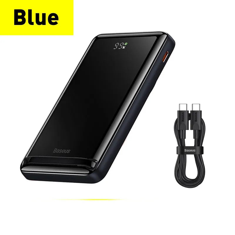 Blue 3-in-1 slim magnetic wireless power bank showing dimensions and USB charging cable