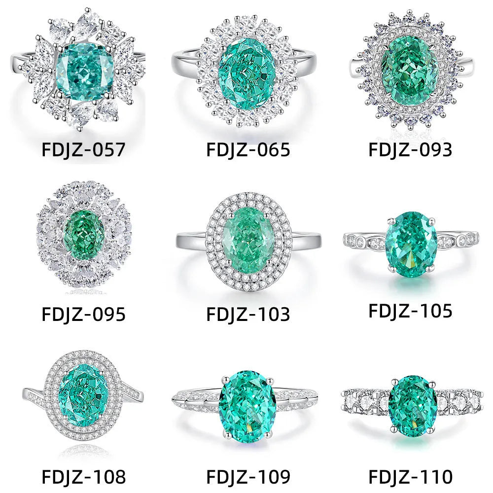 S925 sterling silver women's ring with ellipse emerald and inlaid high carbon diamond in geometric setting.