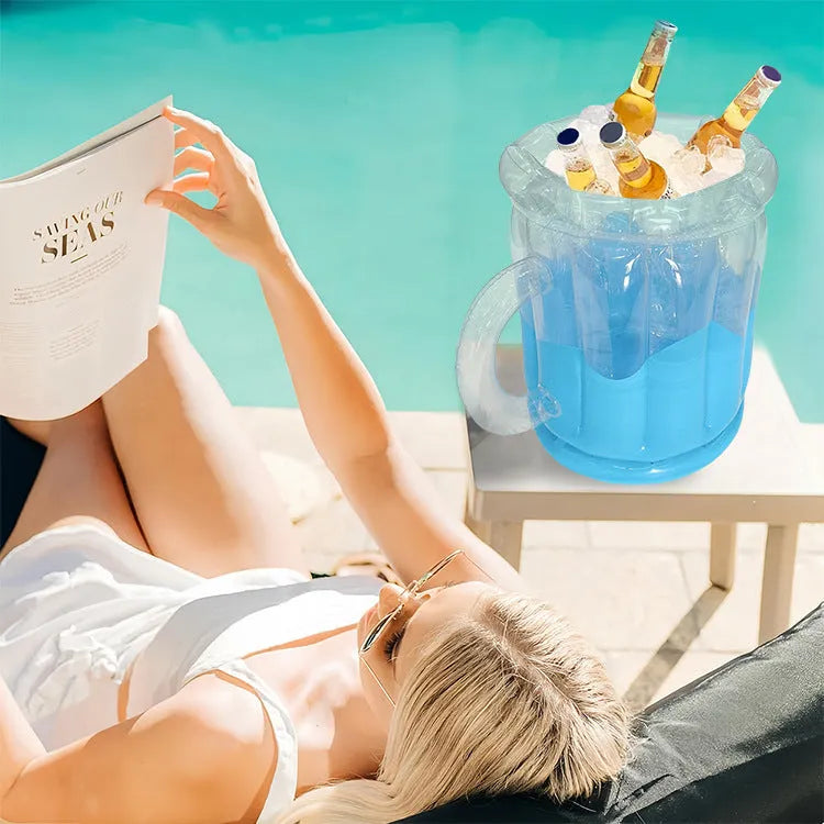 Yellow inflatable PVC ice bucket designed for beer steins, shown deflated and inflated