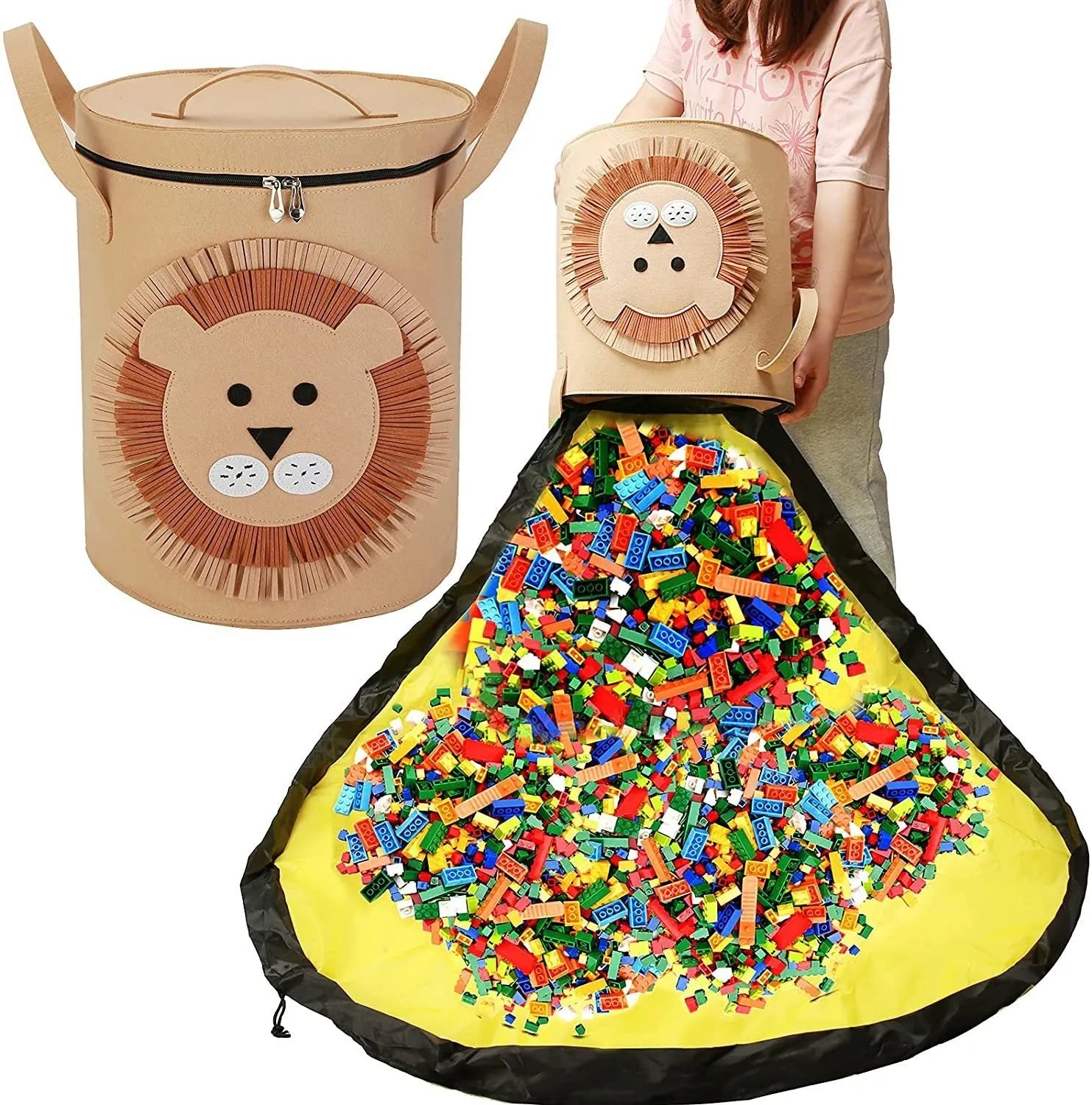 Green cube-shaped felt storage bag with a pull rope, shown as a toy organiser and play mat.