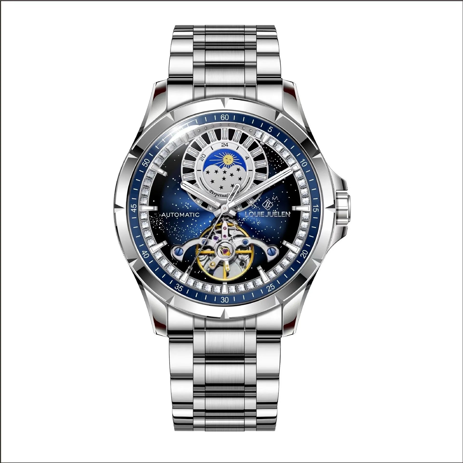 Men's silver automatic mechanical watch with blue dial on stainless steel strap showing butterfly buckle