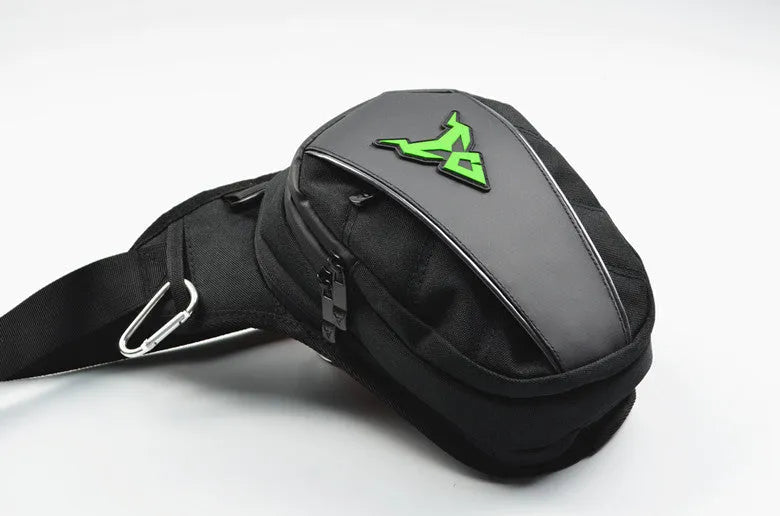 Motorcycle rider's leg bag in 1200D Oxford cloth, shown in red, blue, green, and grey colour options.