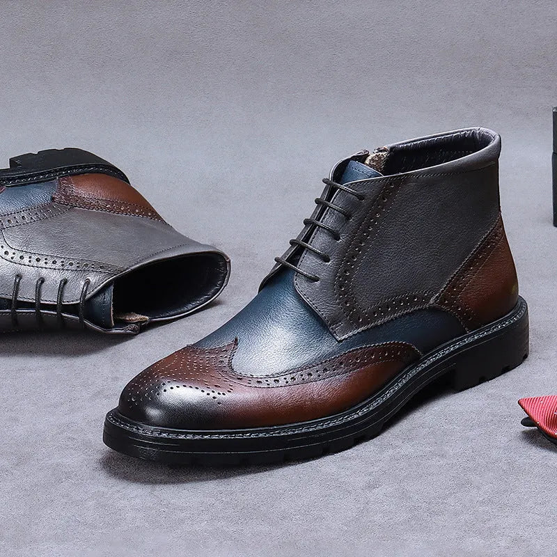 Coffee blue mens leather brogue boots with colour blocking and carved detail, shown from the side.