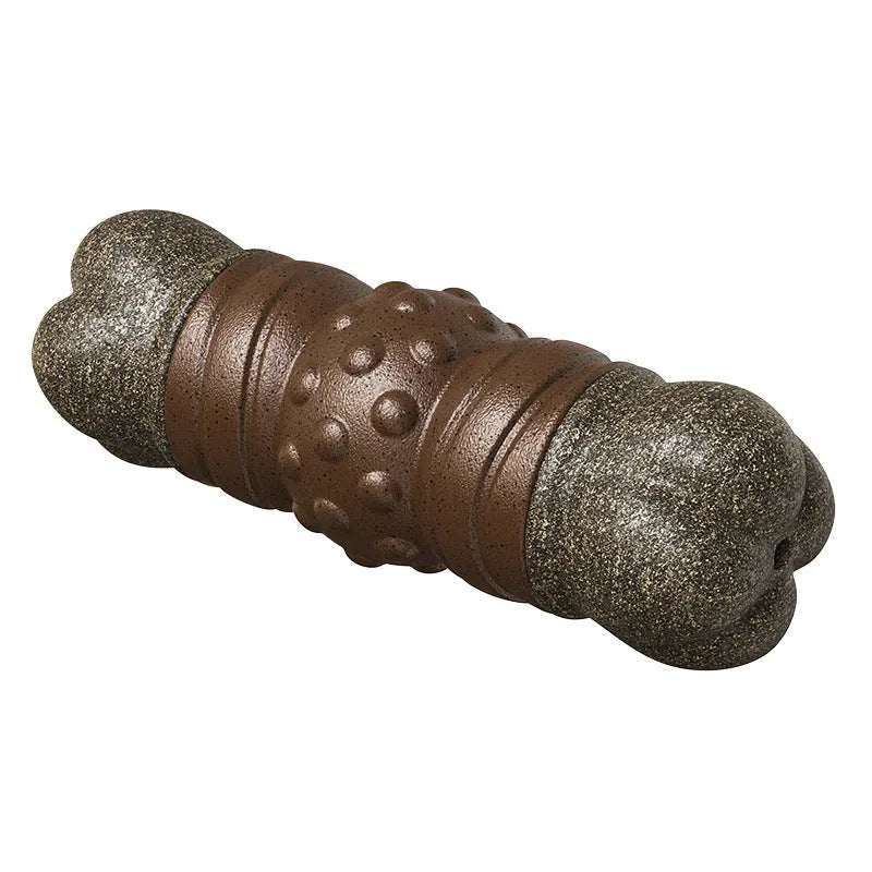 Wood colour plastic dog toothbrush chew toy with molar rod design and audible sound feature