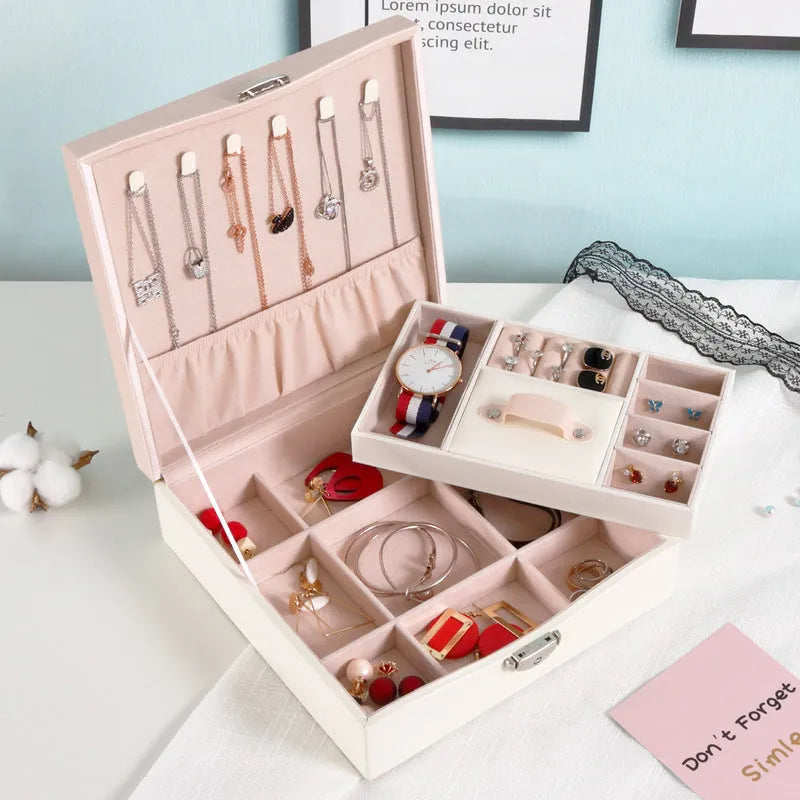 Red and white PU jewellery storage box for necklaces and rings with large capacity