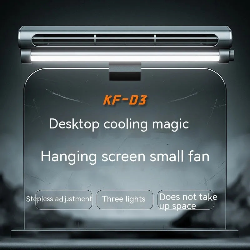 Black USB bladeless fan with clip mounting and integrated lighting lamp for laptop screens