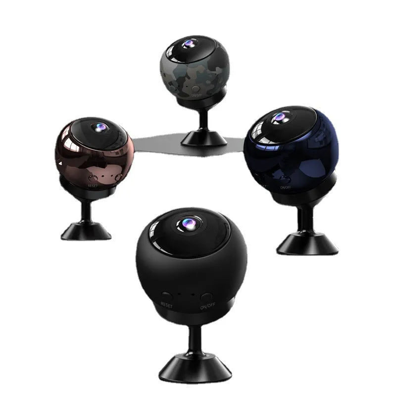 1080p wireless WiFi surveillance camera with ABS housing and USB cable on a white background.