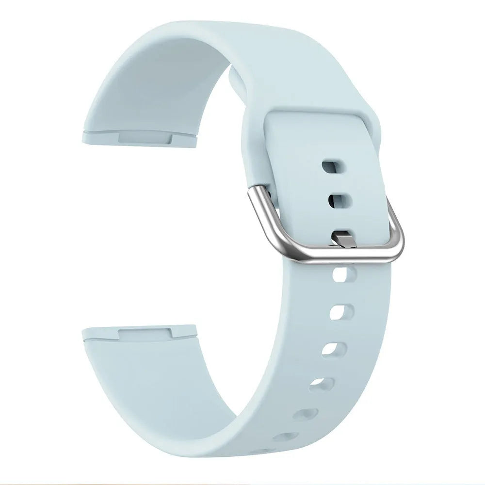 Solid colour silicone replacement strap with silver buckle for Fitbit Versa 3 and Sense 2 smartwatches.