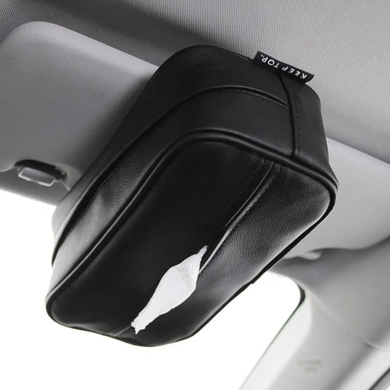 Black PU leather hanging storage bag with hook for car or home organisation