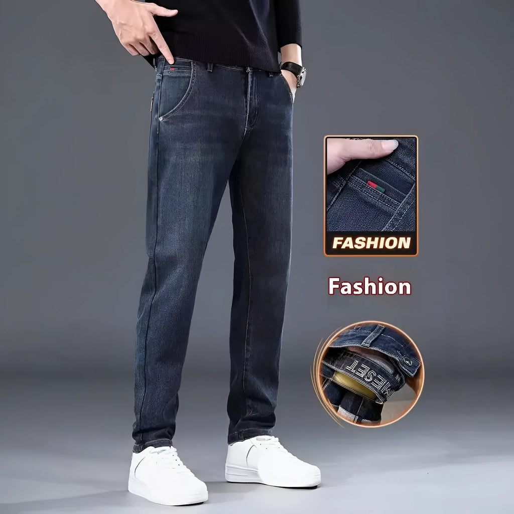 Blue grey slim straight casual men's trousers with a loose fit and mid waist.