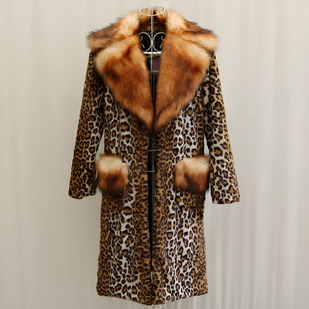 Women's long artificial fur jacket with leopard print pattern, regular sleeves, and casual street-style fit.