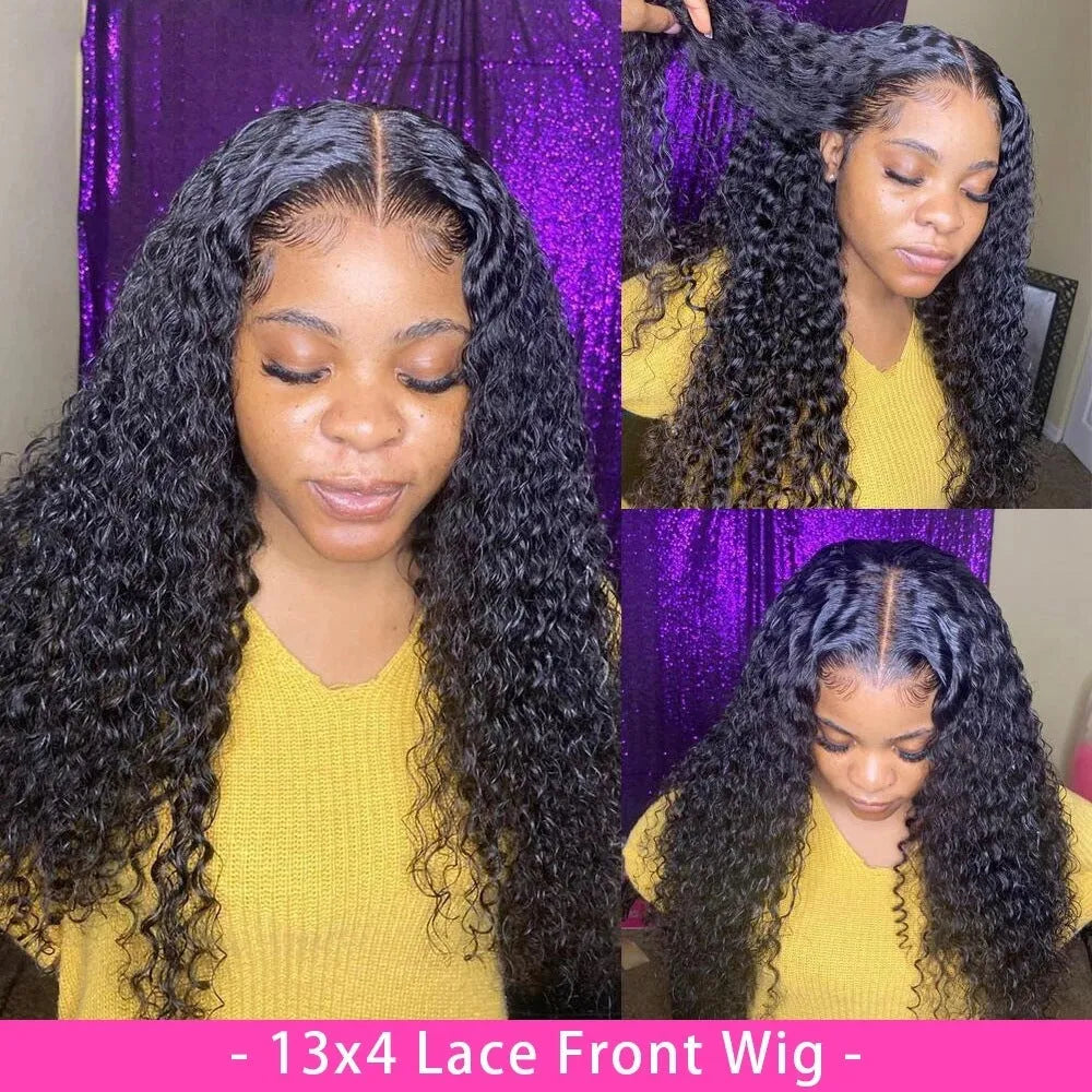 Curly human hair lace front wig in various lengths on a mannequin head, showing realistic hairline.