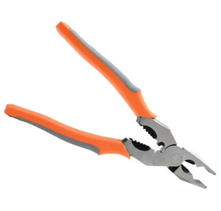 Orange multi-function wire cutter pliers with plastic handle and alloy steel jaws.