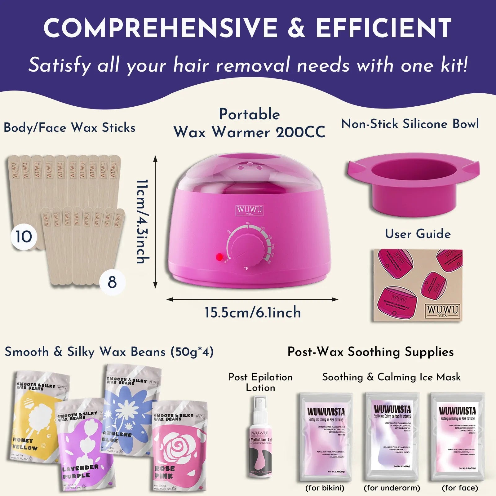 Hard wax kit with pink warmer, wax beans, applicators, aftercare lotion and cooling masks