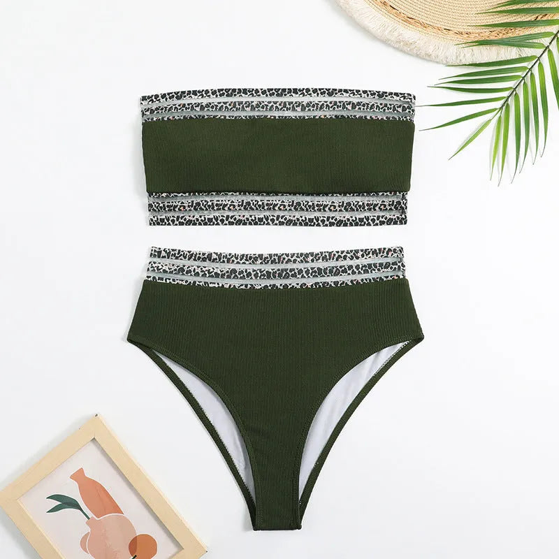 Black leopard print strapless swimsuit top and briefs set