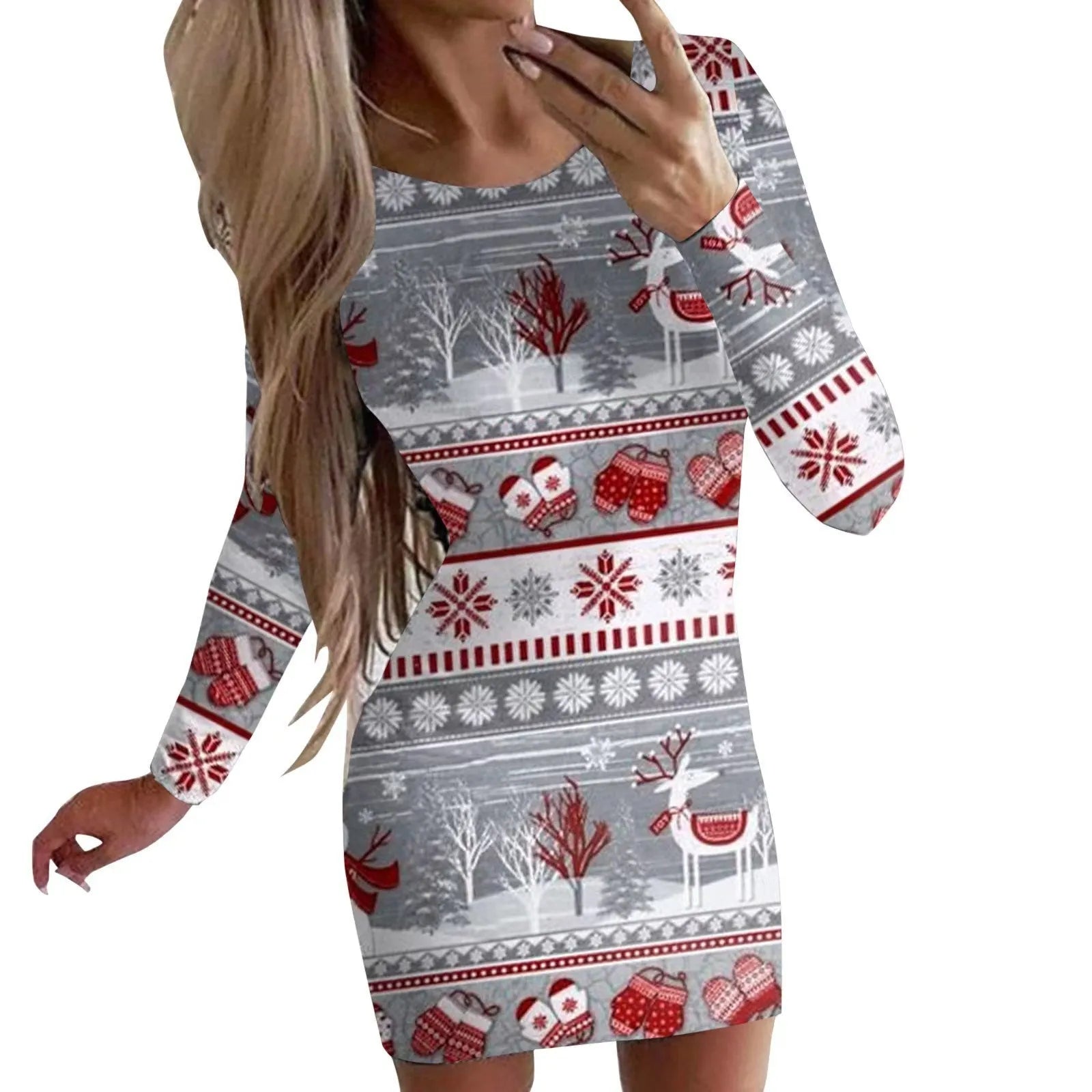 Women's Christmas printed polyester dress with animal pattern in floral colours, featuring round neck and long sleeves