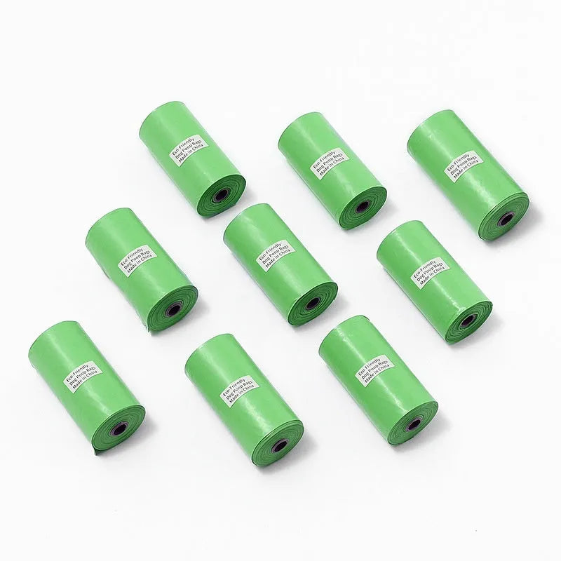 EPI degradable pet waste bags in green, black, blue, purple and orange colours with dispenser