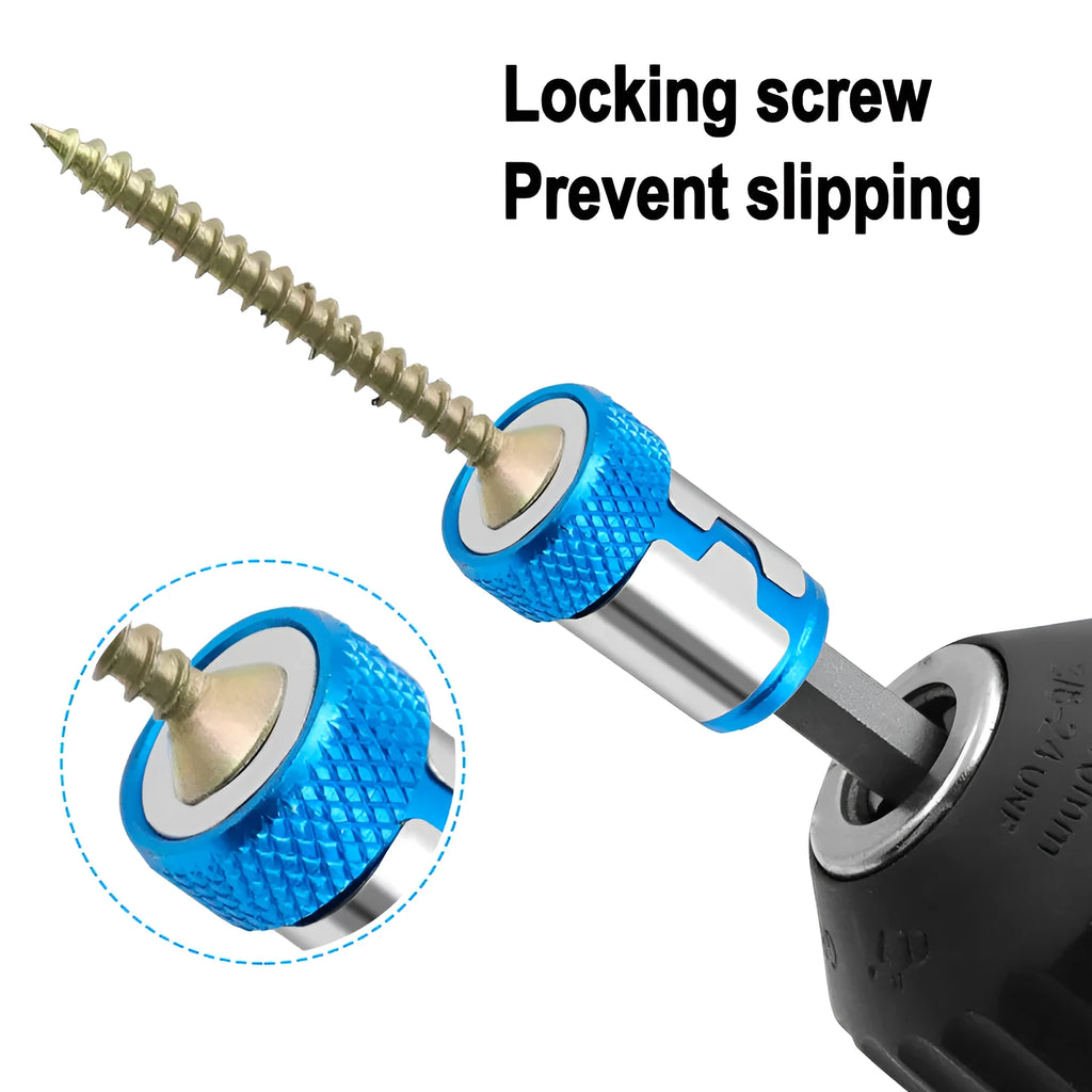 Light blue screwdriver bit with magnetic ring for slotted screw assembly