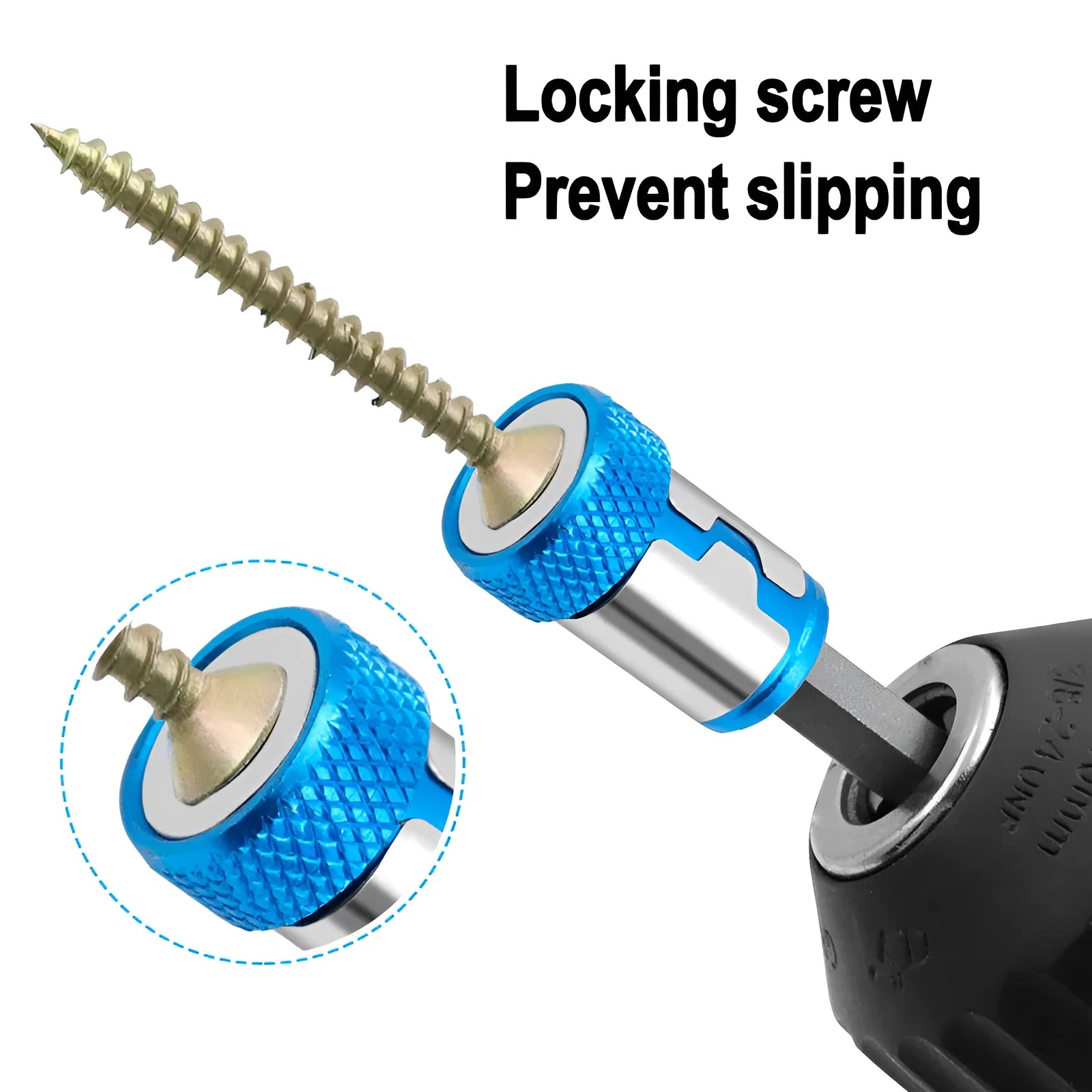 Light blue screwdriver bit with magnetic ring for slotted screw assembly