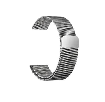 Stainless steel watch strap in silver, shown fitting a watch with a 42mm case.