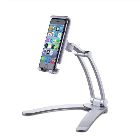Silver aluminum alloy desktop tablet stand holding a tablet at adjustable angle with white mounting base