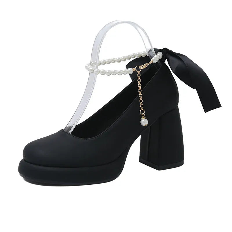 Women's beige Mary Jane shoes with chunky heel and pearl ankle-strap buckle on round toe design