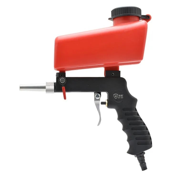 Portable blue pneumatic sandblasting gun with large hopper and nozzle for industrial surface cleaning.