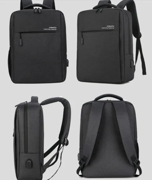 Waterproof rechargeable laptop backpack in multiple colours, shown with a 15.6 inch laptop in its padded compartment.