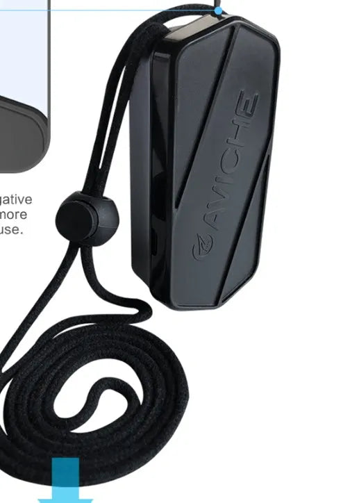 Black personal air purifier necklace with compact 80mm plastic housing and rechargeable battery