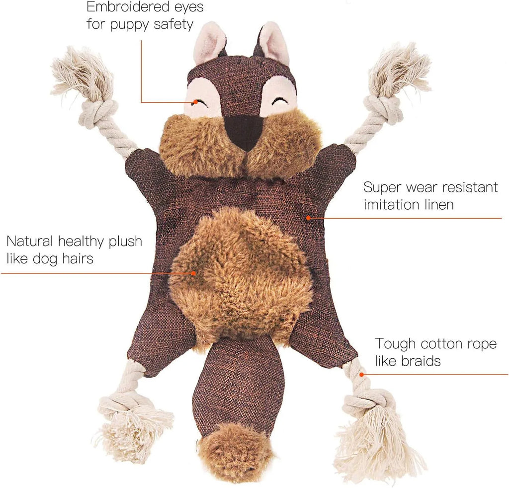 Brown plush fox dog toy with embroidered eyes, cotton rope limbs, and a squeaker.