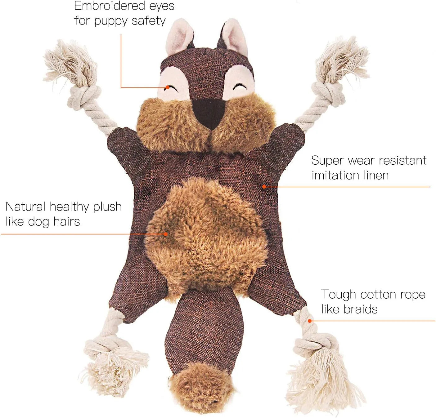 Brown plush fox dog toy with embroidered eyes, cotton rope limbs, and a squeaker.