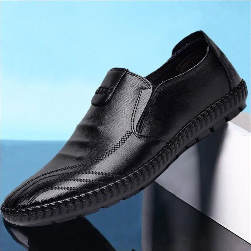 Men's black and brown PU leather business casual shoes with flat heel and lace-up or slip-on styles