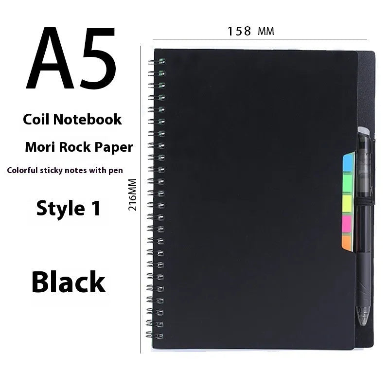 A5 erasable spiral notebook with stone paper, custom cover options including pockets and sticky notes