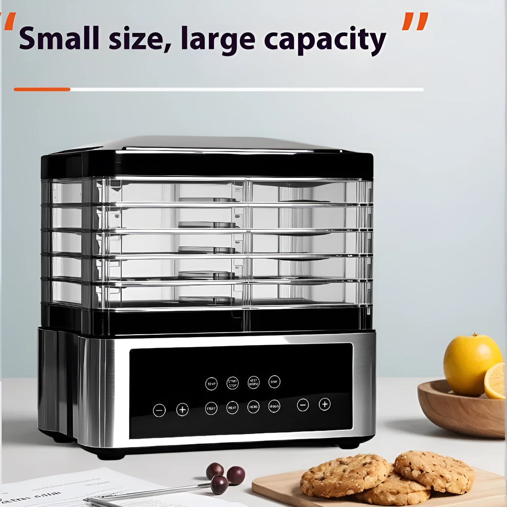 Silver stainless steel fruit dehydrator with digital temperature display and 14 litre capacity