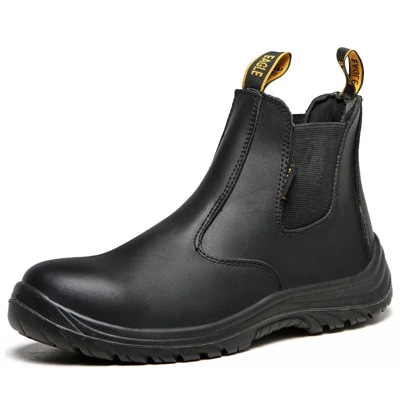 Black leather high-top safety work boots with anti-piercing protection