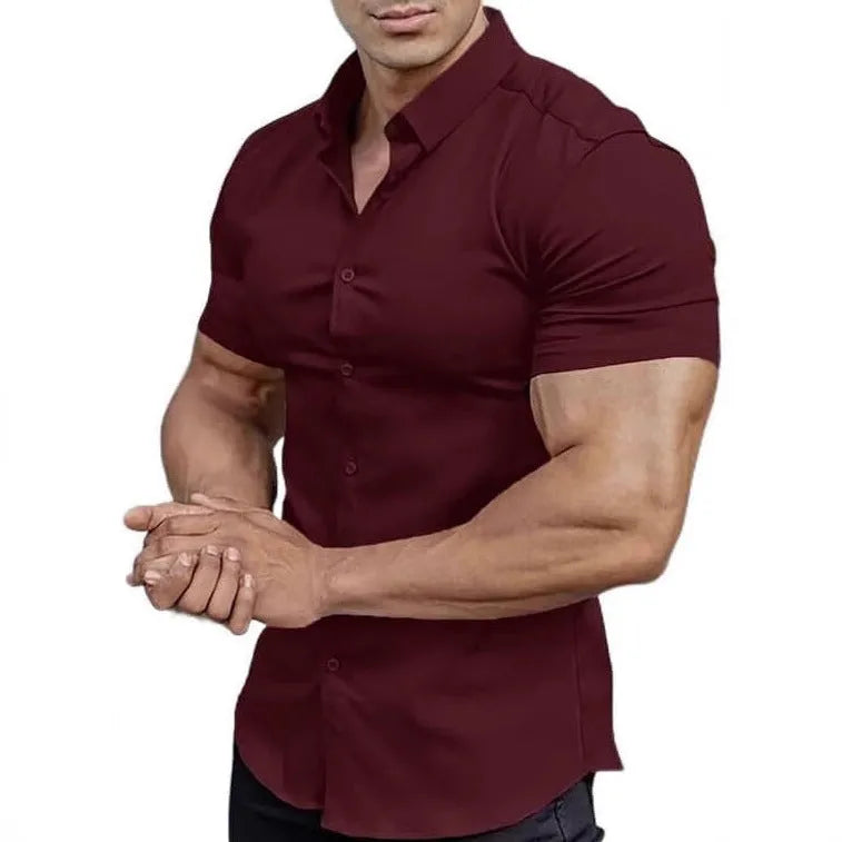 Men's short sleeve printed casual shirt with collar in cardigan style showing colour options