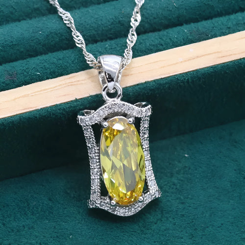 Anti-allergy zircon jewellery set with necklace, earrings, ring, and bracelet in yellow or olive colours
