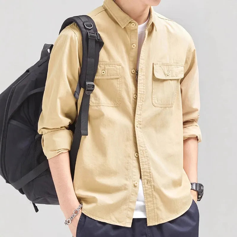Men's long sleeve loose fit cardigan-style shirt overalls in four colour options