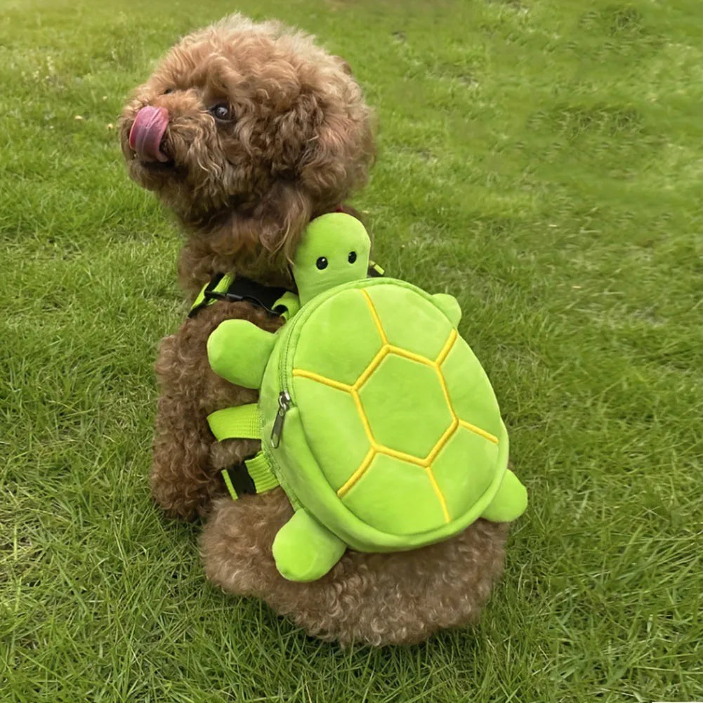 Cartoon turtle shape dog backpack harness vest for small dogs and cats in velvet.