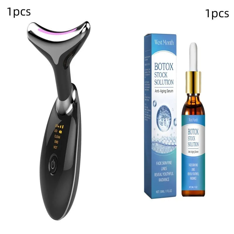 Handheld EMS thermal neck lifting massager device with LED lights on a white background.