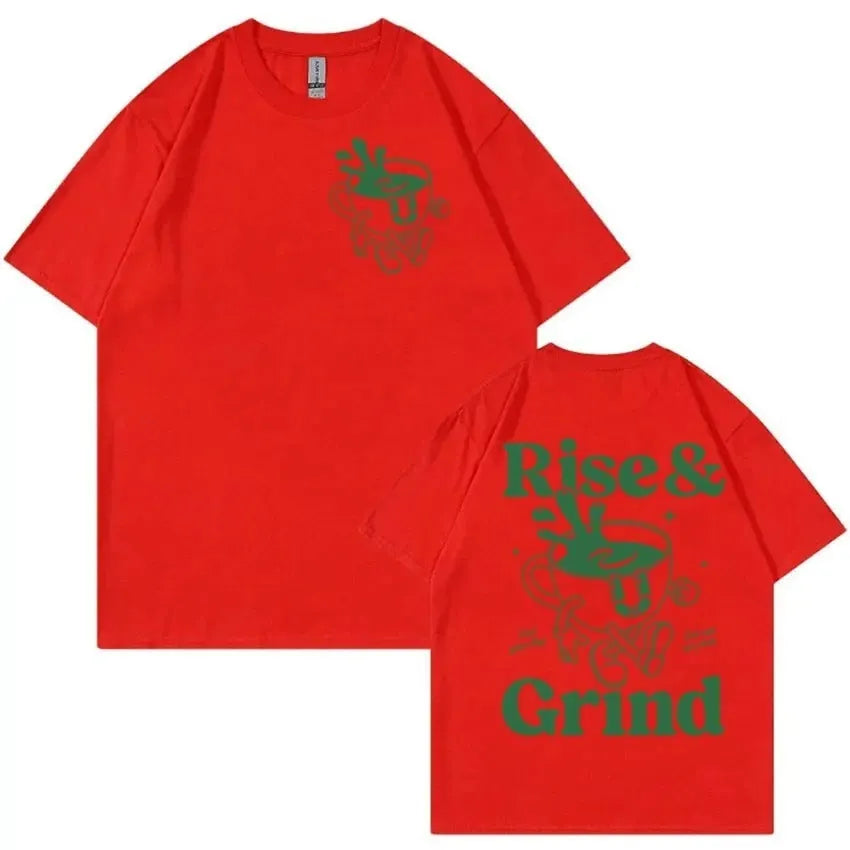 Loose fit men's cartoon t-shirt with Rise And Grind Green Coffee Fun Expression Bag graphic print.